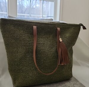 Olive Green Woven Straw Tote Bag with Brown Tassel Handles